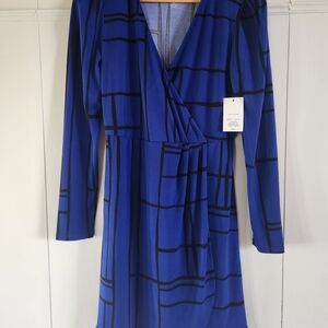 Nine West Royal Blue Long-Sleeve Plaid Wrap Dress